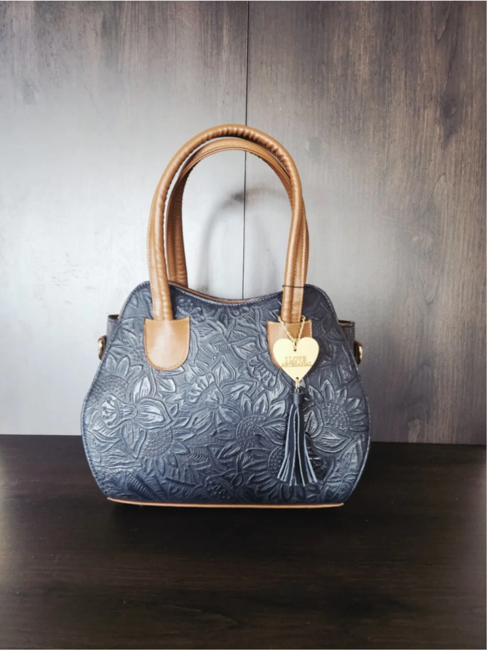 Marine Navy Blue Brown Sunflower Embossed Tooled Artisan LEATHER Hobo Bag Purse